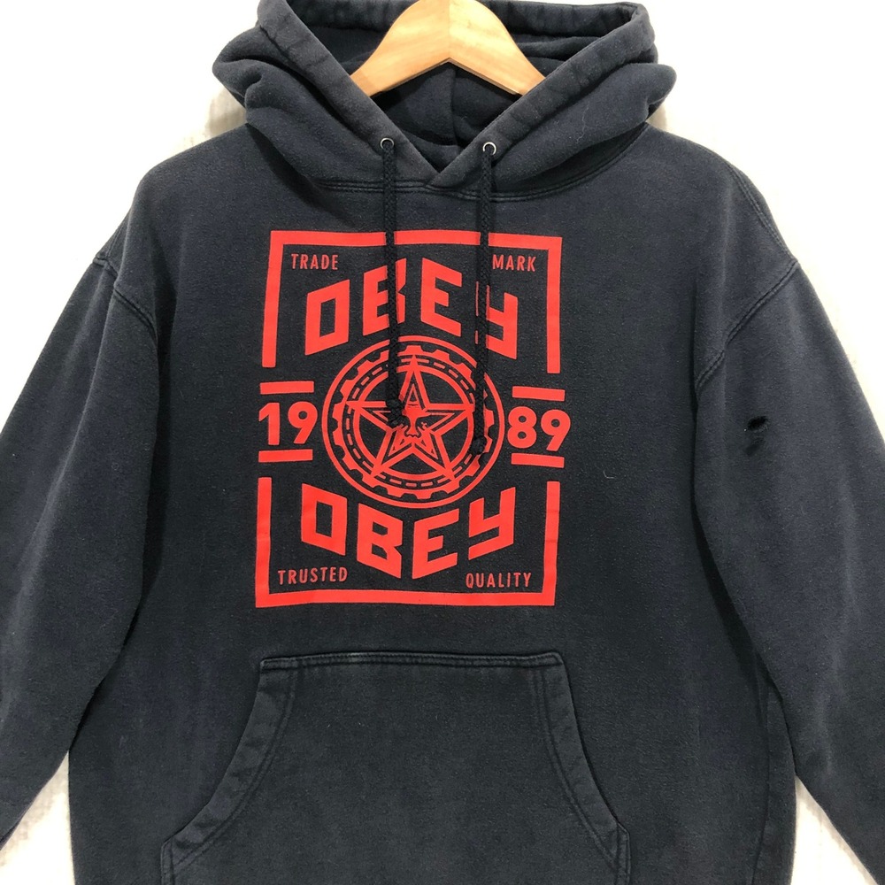 OBEY Distressed Hoodie Sweatshirt Black Red Graphic Print Logo Pullover Size M